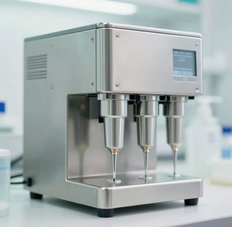 Minimalist stainless steel laboratory equipment, precise automated cosmetic filling line, sterile white background, soft green lighting, macro depth of field, 35mm