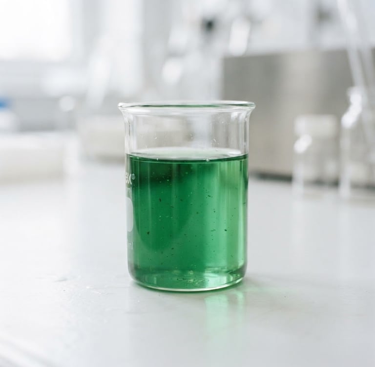 Clean laboratory photography with bright clinical daylight, a minimalist glass beaker filled with clear green botanical serum, soft shadows, macro depth of field, 35mm
