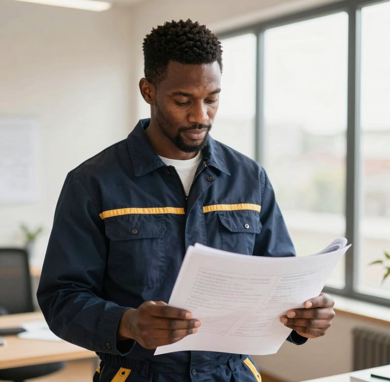 Medium-close environmental portrait of a professional African American contractor reviewing plans in a well-organized office, warm natural window light, shallow depth of field, 35mm