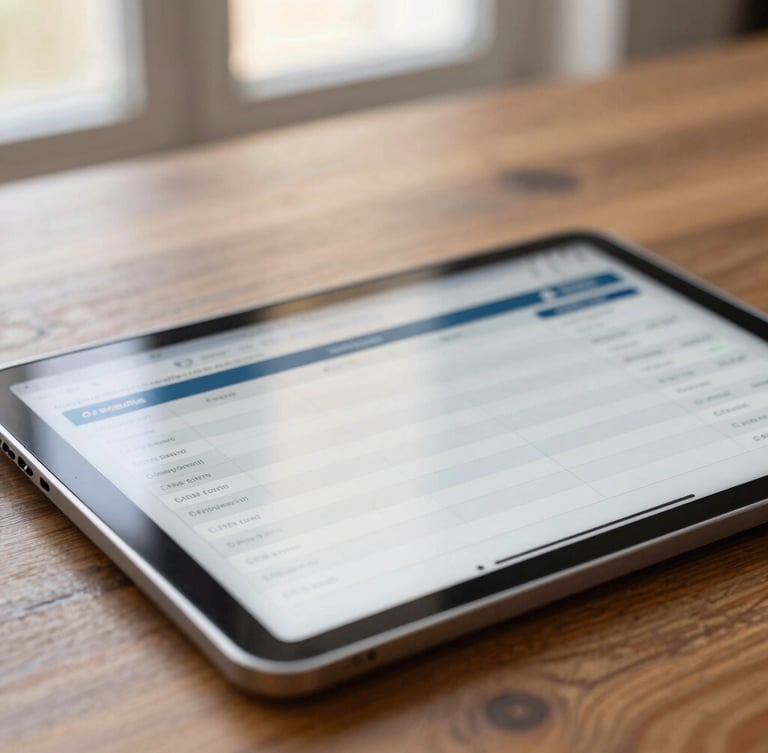 Close-up of a tablet showing a clean cash-flow dashboard on a wooden desk, warm natural window light, deep navy and gold accents, shallow depth of field, 35mm