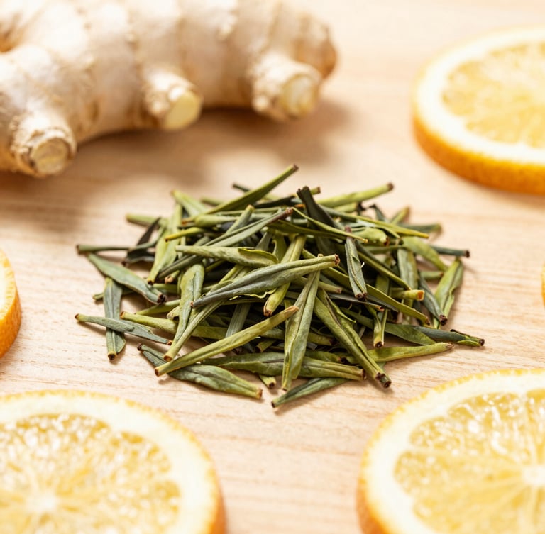 Soft-focus flat lay of green tea leaves, ginger root, and citrus slices on a warm wooden surface, bright natural morning light, clean wellness aesthetic