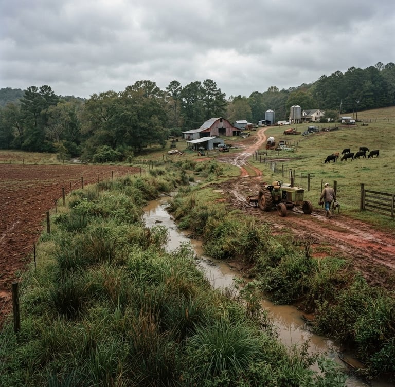 A wide environmental shot of a Georgia family farm at overcast dawn, clay soil visible, deep-root native grasses planted along a creek buffer, realistic grit, 35mm.