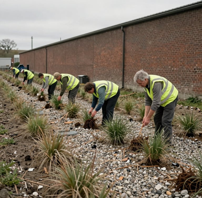 Medium-wide documentary shot of workers in high-vis vests planting deep-root native grasses along a gravel bioswale channel next to a brick factory wall, overcast daylight, earthy desaturated tones, realistic grit