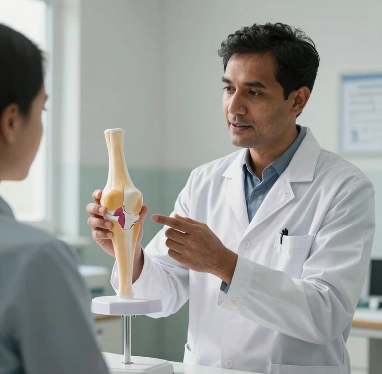 Medium shot of Dr. Waghe in a clean, white-coated medical uniform, holding an anatomical knee model and explaining joint mechanics to a patient. Bright natural clinical lighting, sterile environment, geometric layout.
