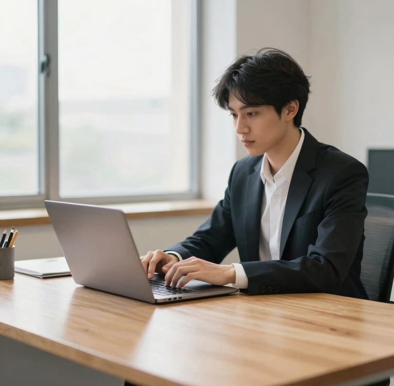 A focused employee sitting at a clean wooden desk with a laptop, bright natural window light, warm clean tones, shallow depth of field, 35mm
