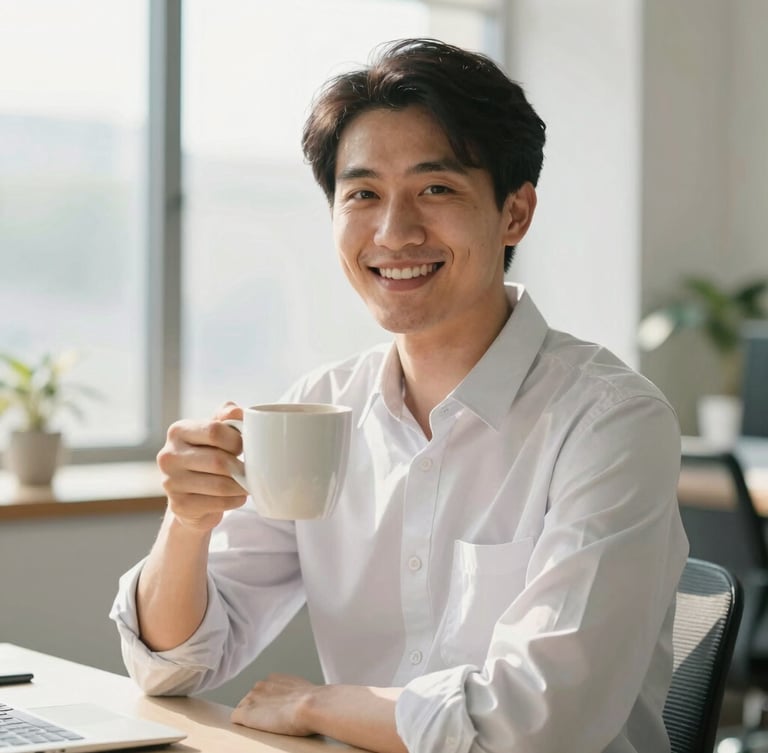 Candid medium portrait of a smiling male operations specialist in a bright, sunlit office, holding a coffee mug, warm clean tones, shallow depth of field, 35mm