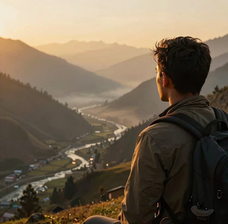 A close-up of a traveler looking out over a misty valley in Kashmir at golden hour, warm editorial travel photography, golden-hour natural light, rich saturated tones, cinematic composition, 35mm lens