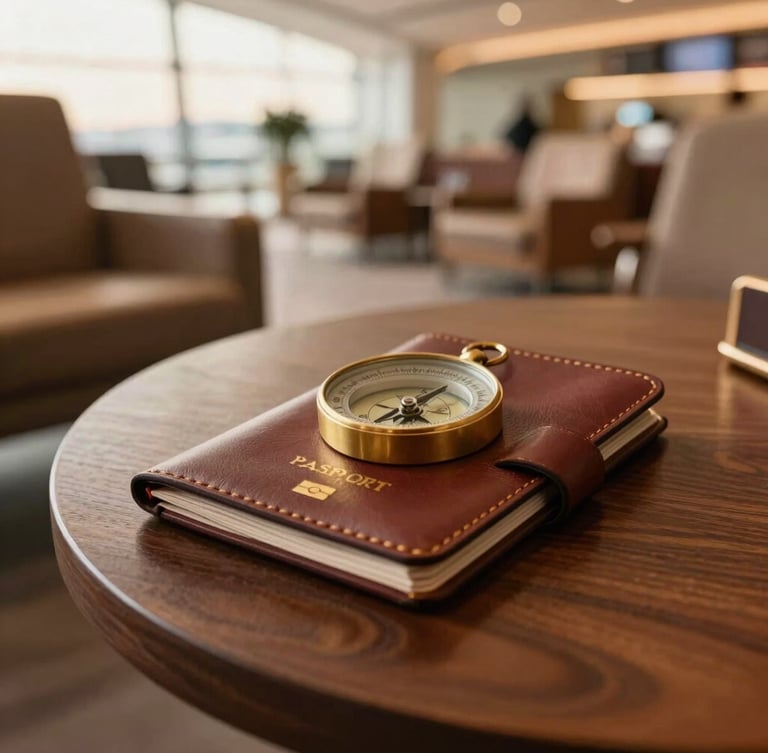 An elegant leather passport holder and brass compass resting on a dark wooden table inside a luxury airport lounge, soft warm lighting, editorial travel photography