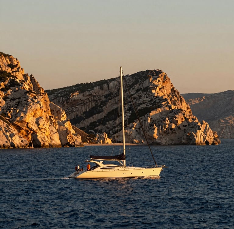 A wide-angle, warm golden-hour shot of a luxury sailing yacht gliding through deep blue Grecian waters, dramatic cliffs in the background.