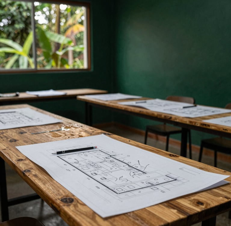 Taller de co-diseño comunitario en el interior de Panamá, planos sobre mesas de madera, luz natural de tarde, enfoque documental