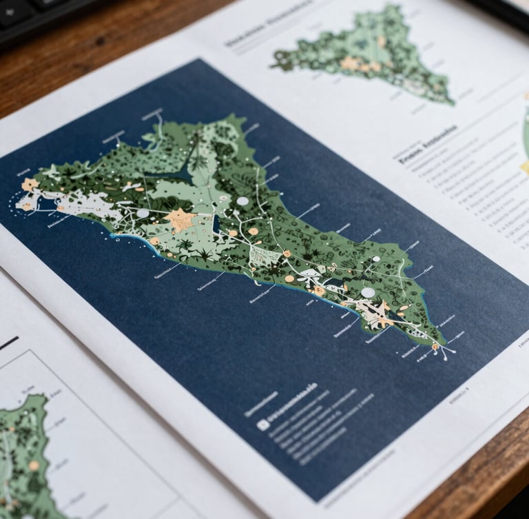Plano detalle de documentos técnicos de viabilidad y gráficos de análisis de datos territoriales impresos, luz natural suave