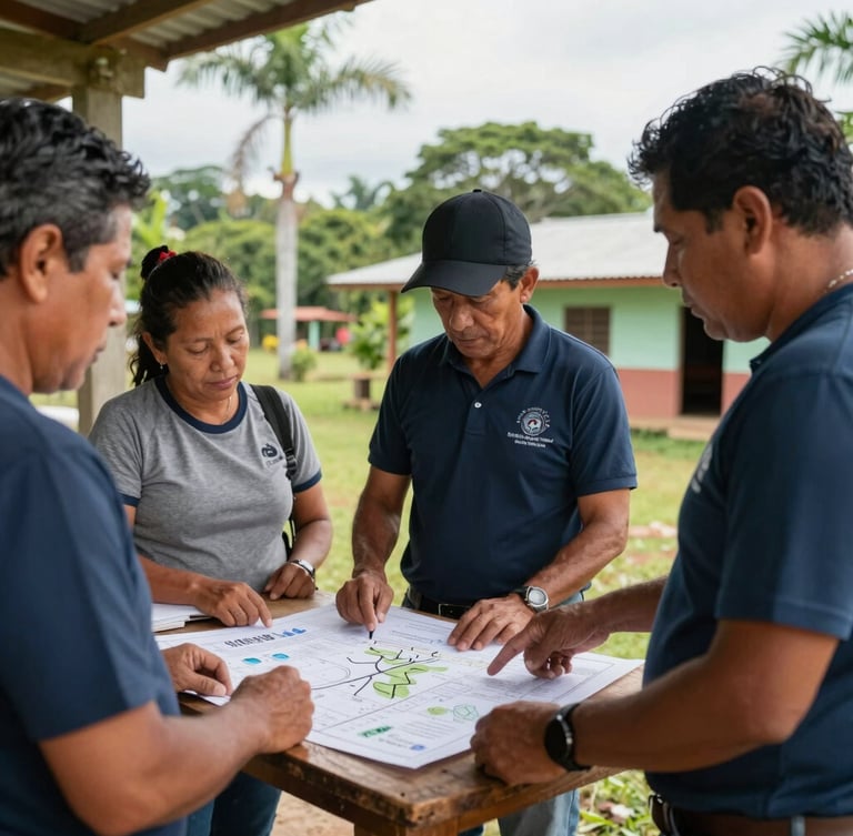 Documentary photography of a community co-design session in a rural Panamanian village under soft natural daylight, local residents and planners reviewing a master plan together, 35mm lens.