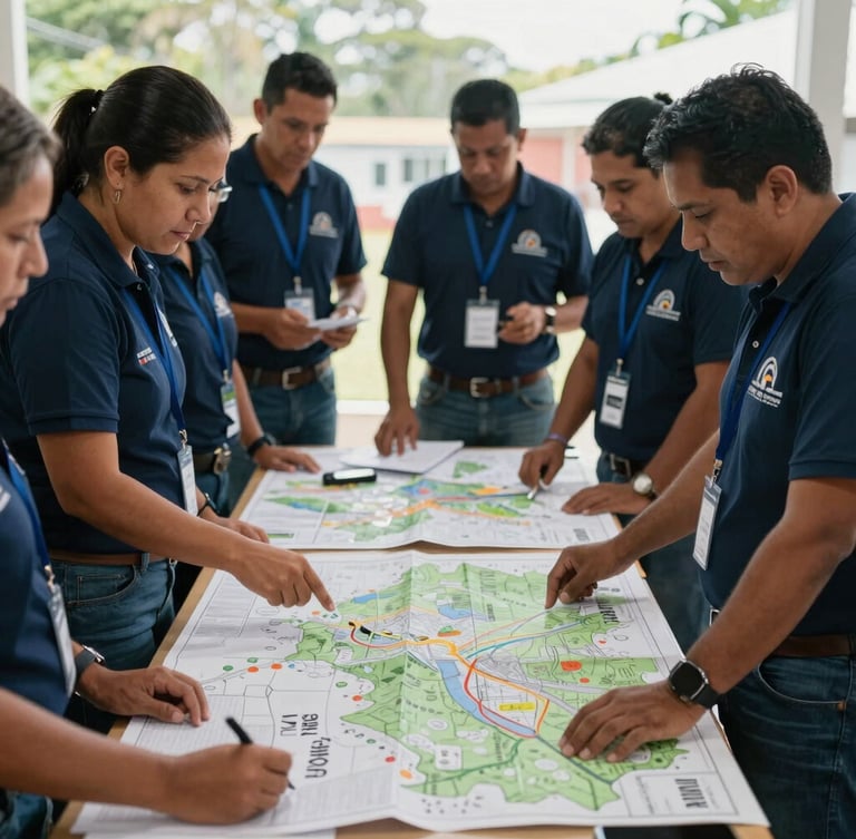 Wide documentary angle of a territorial planning workshop in Panama, team analyzing maps on a table, soft natural daylight, deep indigo and dark green tones, 35mm lens