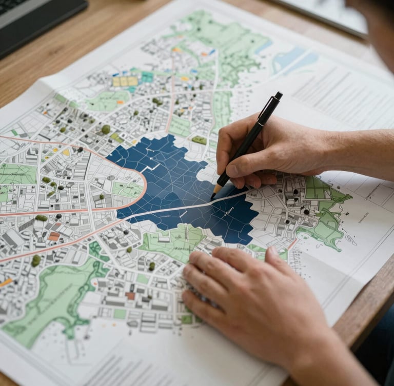 Plano amplio de un mapa de zonificación urbana extendido sobre una mesa técnica de trabajo, manos señalando un sector, luz natural suave de día nublado