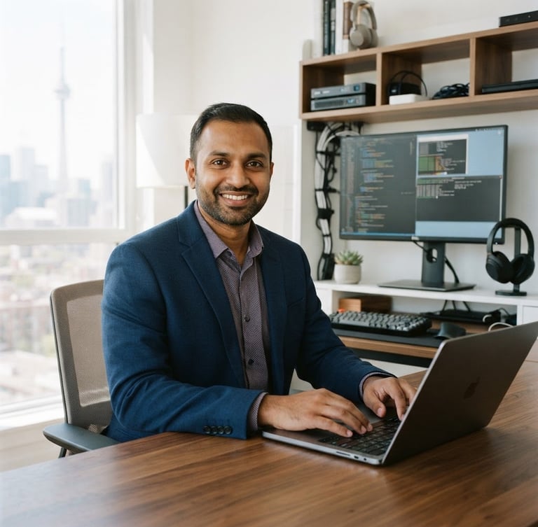 A professional portrait of Akibhusen Shekh, an IT specialist, in a bright modern Toronto home office, clean technology setup in the background, natural daylight, 35mm photography