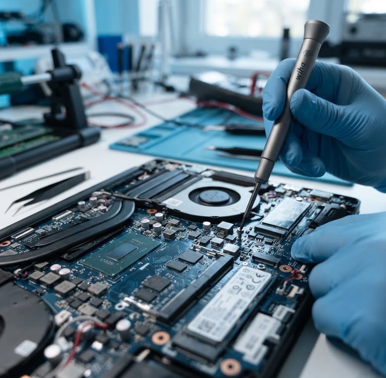 Close-up of a modern laptop motherboard under crisp cool-toned diagnostic light, hands holding a precision screwdriver, sharp focus, 35mm