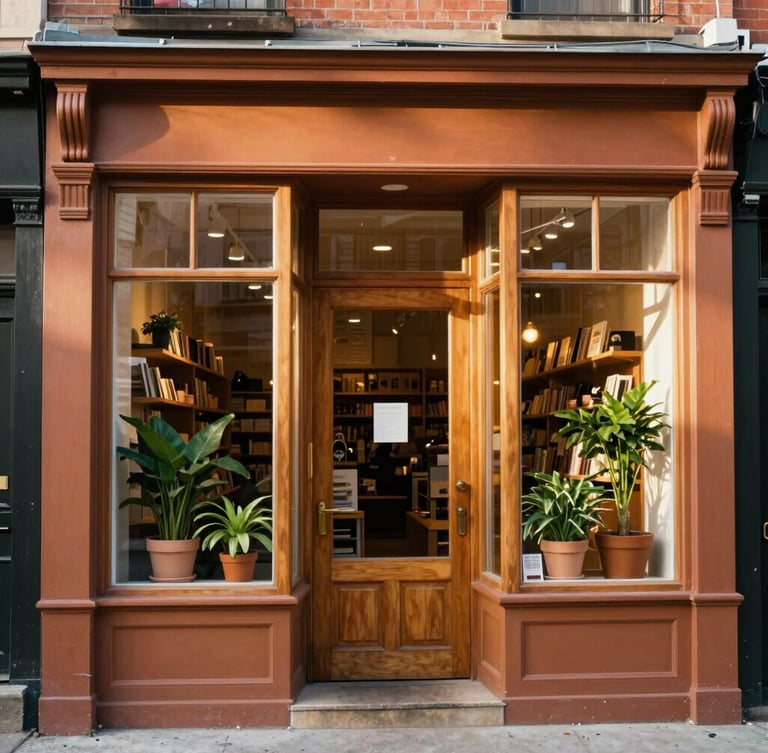 Warm editorial photography of a local Black-owned bookstore storefront in Brooklyn, soft golden hour sunlight illuminating the wooden window frames and potted plants outside, rich terracotta and warm mustard tones, 35mm lens, environmental portrait style with negative space.