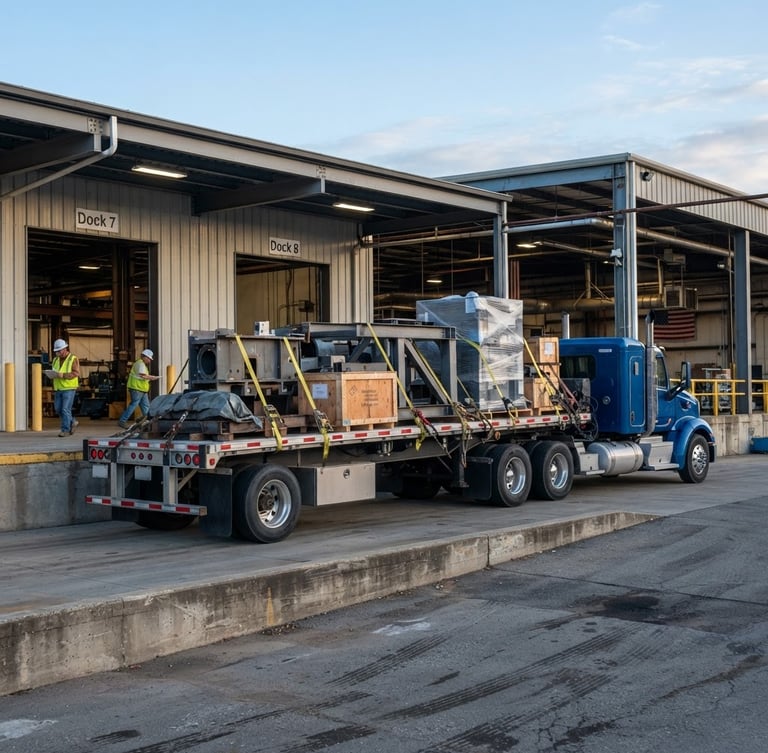 Wide shot of a modern flatbed truck, fully loaded with industrial cargo, parked at a loading dock in crisp morning daylight, ready for immediate dispatch.
