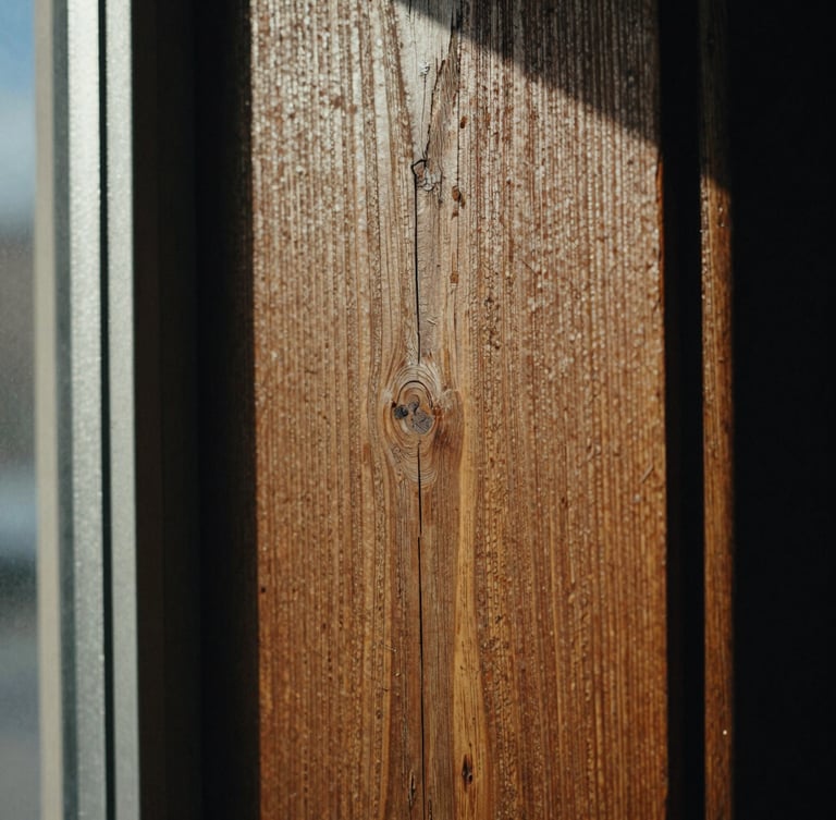 Tight macro shot of weathered wood grain with deep directional shadows, raw tactile timber textures, 35mm film