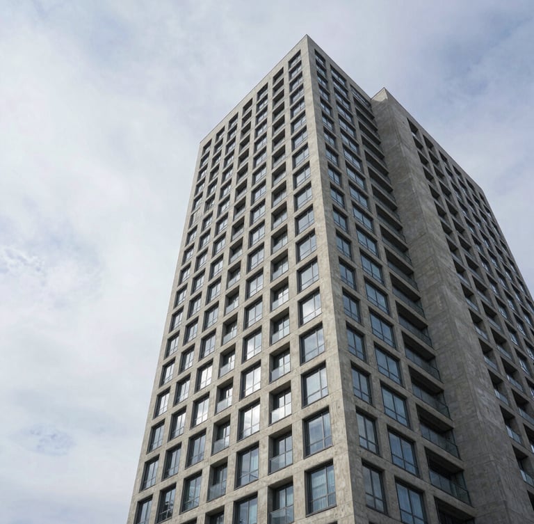 Wide architectural angle of a modern concrete high-rise with glass facades under soft, diffused overcast daylight, clean lines, negative space on the left.