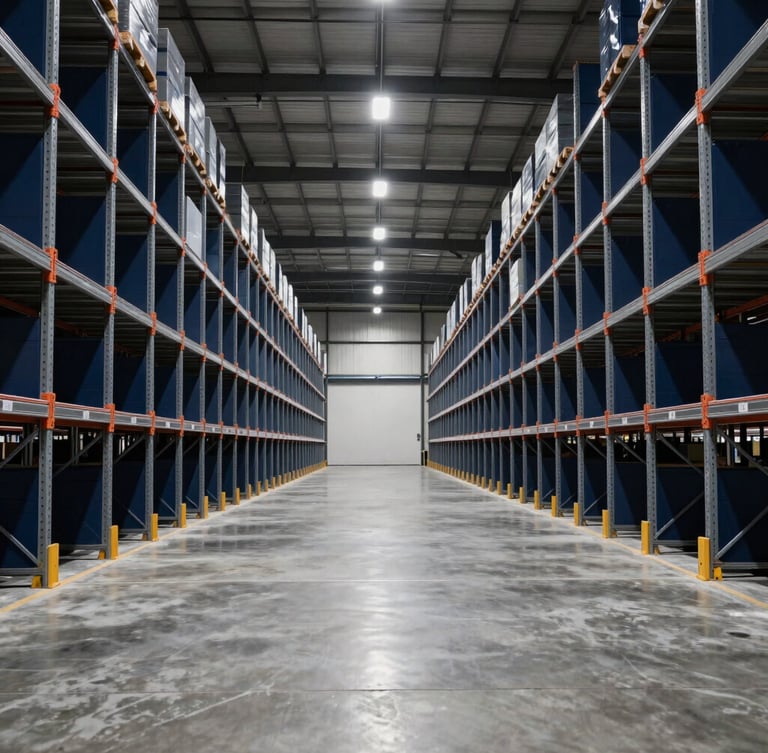 Symmetric architectural view of a vast, immaculate high-bay warehouse, clean concrete floors reflecting soft overhead lighting, organized steel racks, premium industrial aesthetic