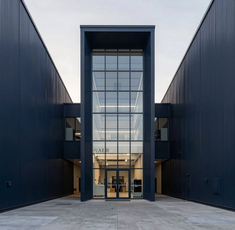 Symmetric architectural view of a modern automated logistics hub, soft morning light, clean lines, premium industrial aesthetic, 35mm