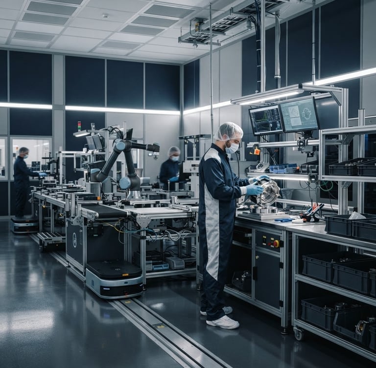 Premium architectural close-up of a high-tech cleanroom logistics facility, clinical lighting, deep navy and slate tones, sharp focus, 35mm