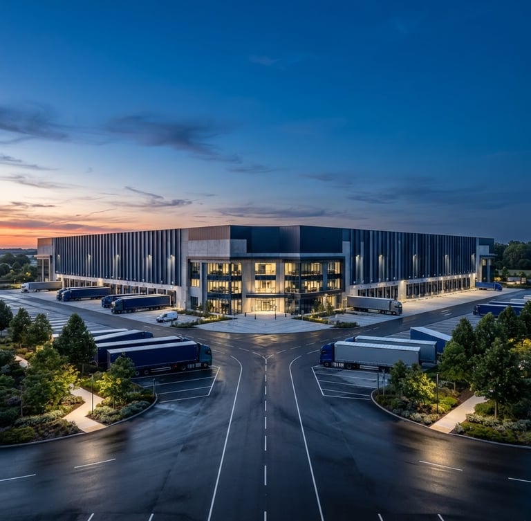 Architectural wide shot of a modern logistics terminal at dawn, clean symmetrical lines, soft morning light, deep blue and slate tones, premium industrial aesthetic