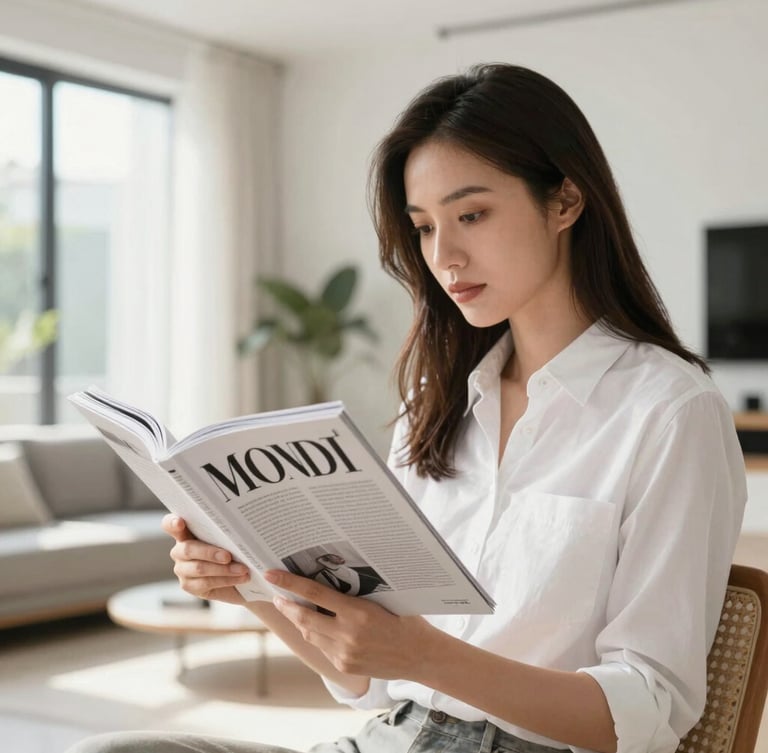 A vertical portrait of an elegant woman reading a high-quality printed magazine in a sunlit apartment, focus on the clean typography of the pages, soft natural lighting, editorial lifestyle photography