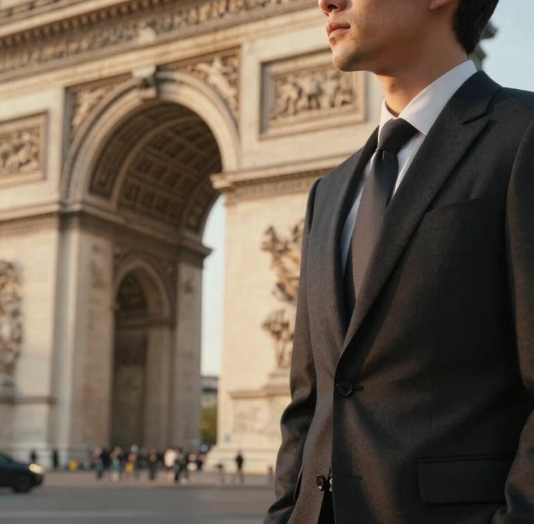 Cinematic close-up of a discreet professional in a dark tailored suit standing near a historic stone archway in Paris, soft golden evening light, shallow depth of field, quiet luxury atmosphere.