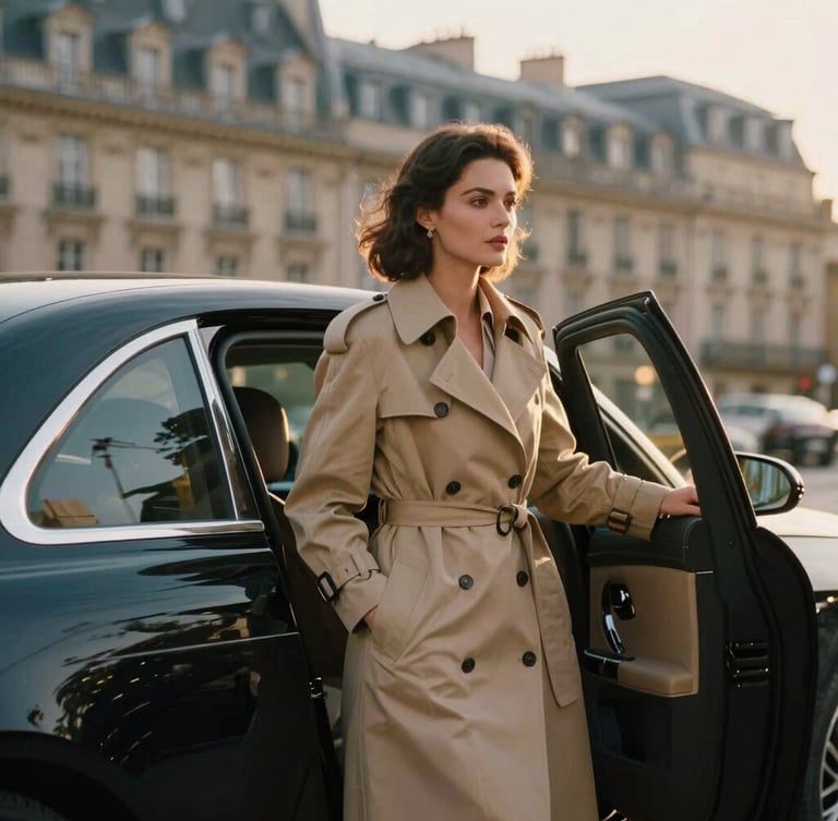 Cinematic medium shot of an elegant woman in a beige trench coat stepping out of a sleek black luxury sedan in Paris, golden hour light, soft focus on historic Haussmann buildings in the background, 35mm film style.