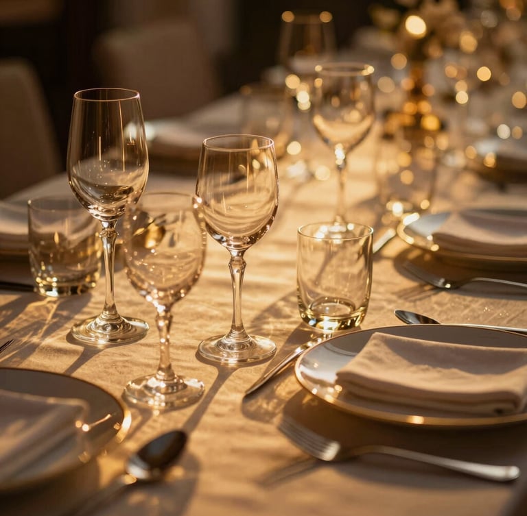 Extreme close-up of luxurious table settings under warm golden hour light, crystal glassware reflecting amber neon highlights, deep shadows, luxury editorial style.