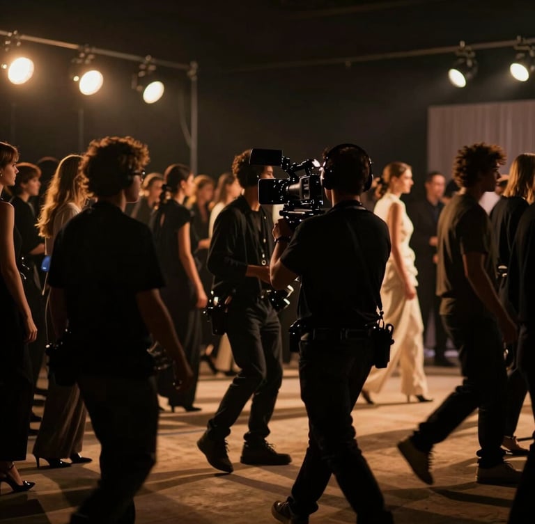 Cinematic behind-the-scenes shot of a professional camera operator tracking through a high-fashion crowd in motion, deep shadows, warm amber spotlights, luxury editorial style.