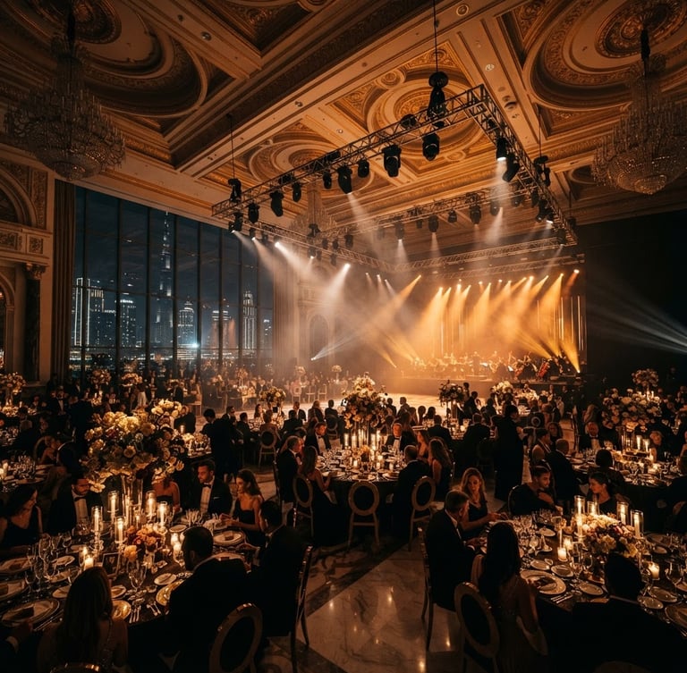 Anamorphic wide-angle shot of a grand ballroom setup in Dubai, dramatic golden lighting rigs casting warm amber beams through light haze, high-contrast shadows, luxury editorial style.
