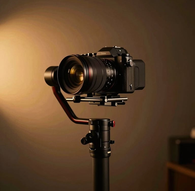 Dramatic portrait of a high-end film camera rigged on a stabilizer, warm amber event lighting reflecting off the lens, deep shadows, luxury editorial