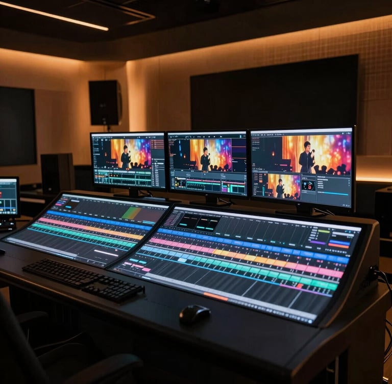Close-up of a high-end digital editing suite in a dark studio, glowing monitors showing vibrant event footage, warm ambient backlighting, luxury post-production environment.