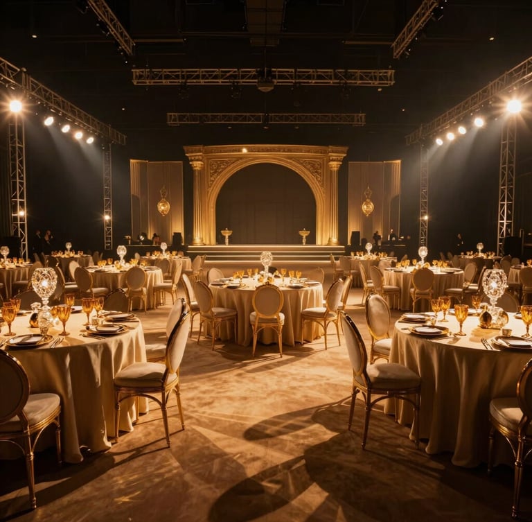 Ultra-wide cinematic shot of a grand ballroom setup in Dubai, dramatic golden lighting rigs casting long shadows, luxury table settings with amber crystal glassware, anamorphic lens flare.
