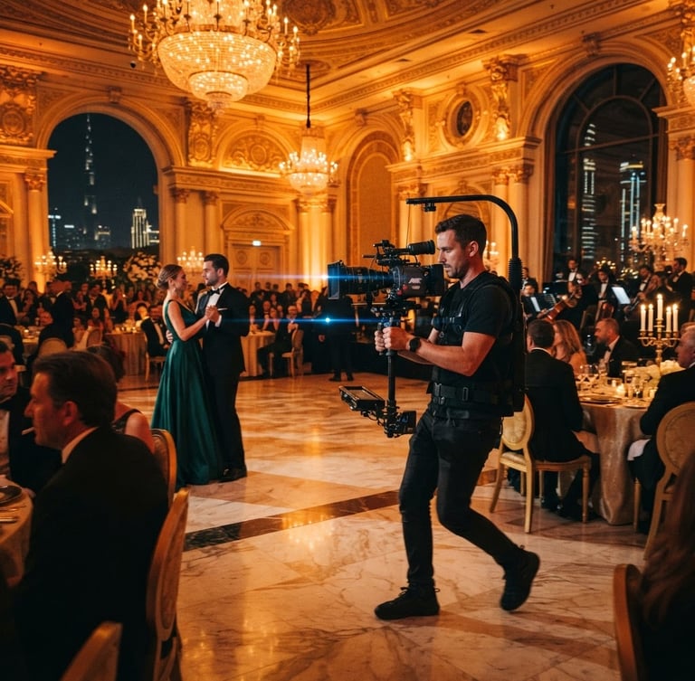 Cinematic camera operator with anamorphic lens tracking through a grand, gold-lit ballroom in Dubai, dramatic shadows, warm amber highlights, luxury editorial style