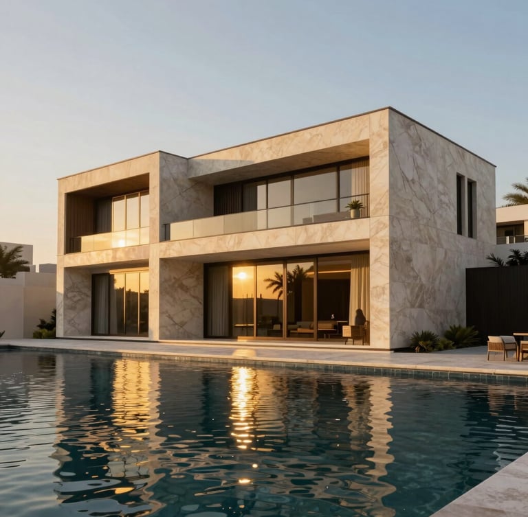 Cinematic architectural rendering of a luxury modern villa in Dubai, golden hour sunlight reflecting off travertine facades and water, sharp detail