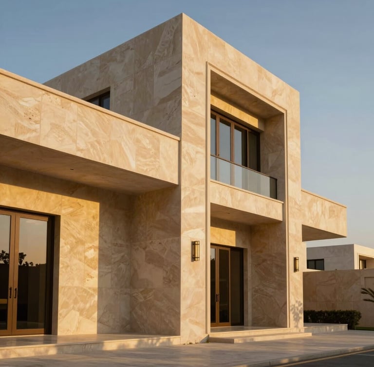 Cinematic architectural photograph of a modern travertine villa facade in Dubai, warm golden-hour sunlight casting deep geometric shadows, sharp architectural detail, wide-angle lens