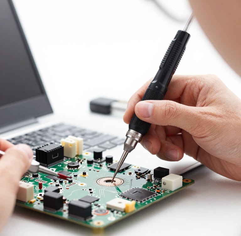 Macro close-up of a professional technician soldering a Windows laptop motherboard under bright high-key laboratory studio lighting, precision tools visible, sharp focus