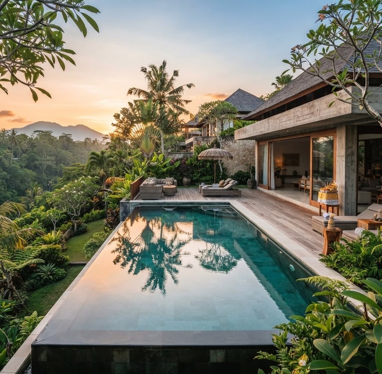 Warm editorial architectural photography of a modern luxury villa in Bali, clean concrete and warm teak wood, golden hour light reflecting on a pristine infinity pool, lush manicured tropical gardens.