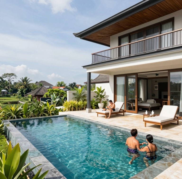 Warm editorial architectural photography of a modern luxury villa in Bali, clean concrete and warm teak wood, golden hour light reflecting on a pristine infinity pool, lush manicured tropical gardens.