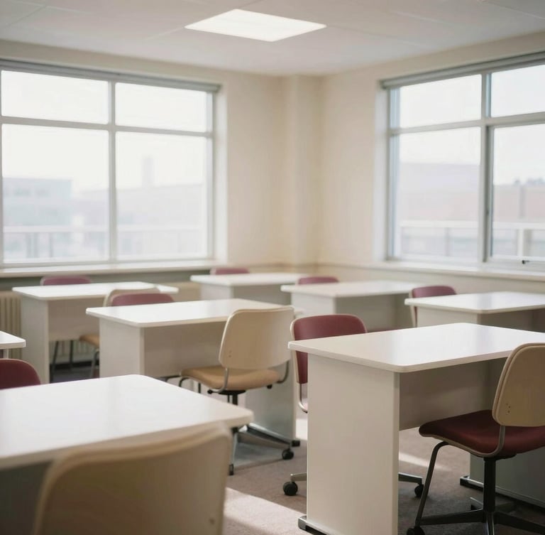 Elegant empty training room with clean white desks, soft beige chairs, bright natural daylight streaming through large windows, 35mm editorial photography