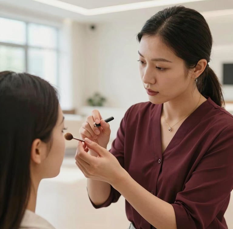 A close-up of a professional beauty mentoring session, a tutor guiding a student's hands-on technique, diffused bright daylight, clean modern academy interior, 35mm