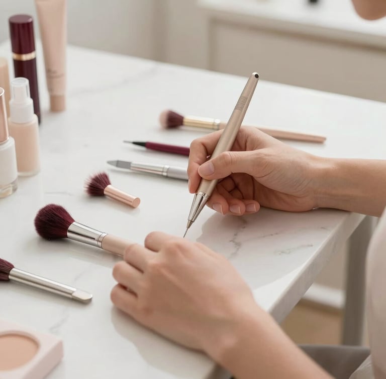 Close-up detail of hands-on teaching, modern beauty tools on a clean marble surface, bright natural daylight, elegant editorial photography
