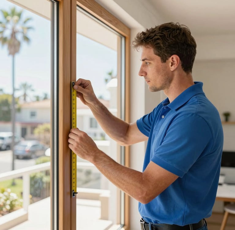 Side view of a clean-cut, professional technician in a blue polo shirt precisely measuring a modern wooden window frame, warm daylight.