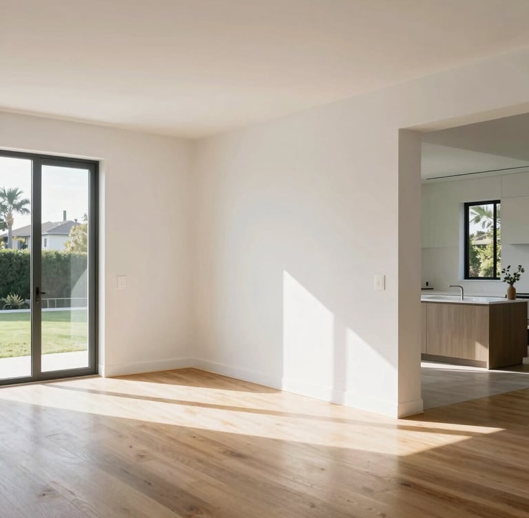 A bright, sun-drenched Southern California home interior with immaculate white walls, warm oak floors, and clean architectural lines, wide-angle 35mm photography.