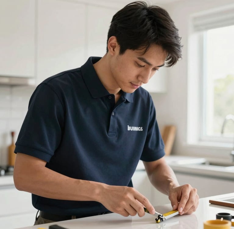 A clean-cut, professional technician in a neat branded navy polo shirt using precise measuring tools inside a bright modern kitchen, warm daylight, close-up.