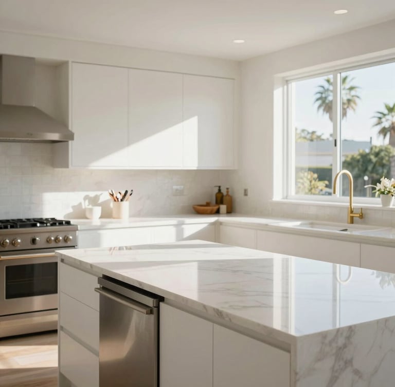Bright sun-drenched Southern California kitchen interior, immaculate white marble countertops, warm daylight spilling across clean modern spaces, 35mm photography